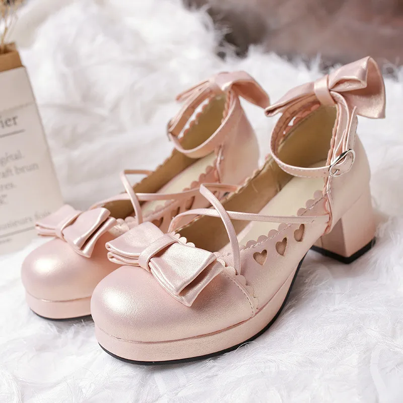 Girls High Heels Women Pumps Japan Children\'s Mary Jane School Shoes Wedding Party Shoes Bowknot Princess Lolita Shoes 30-43