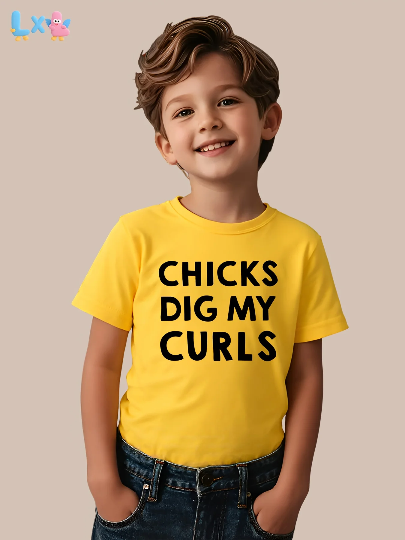 Fun “CHIS DIG MY CURLS” graphic letter print, stylish and eye‑catching for boys