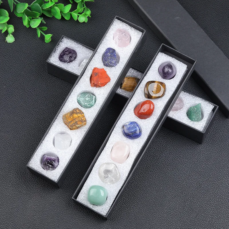 

Natural Crystal Raw Stone for Gift, Seven Color Gem Box Set, Polishing Square with Shape Gem, Standard Teaching, Birthday Gift