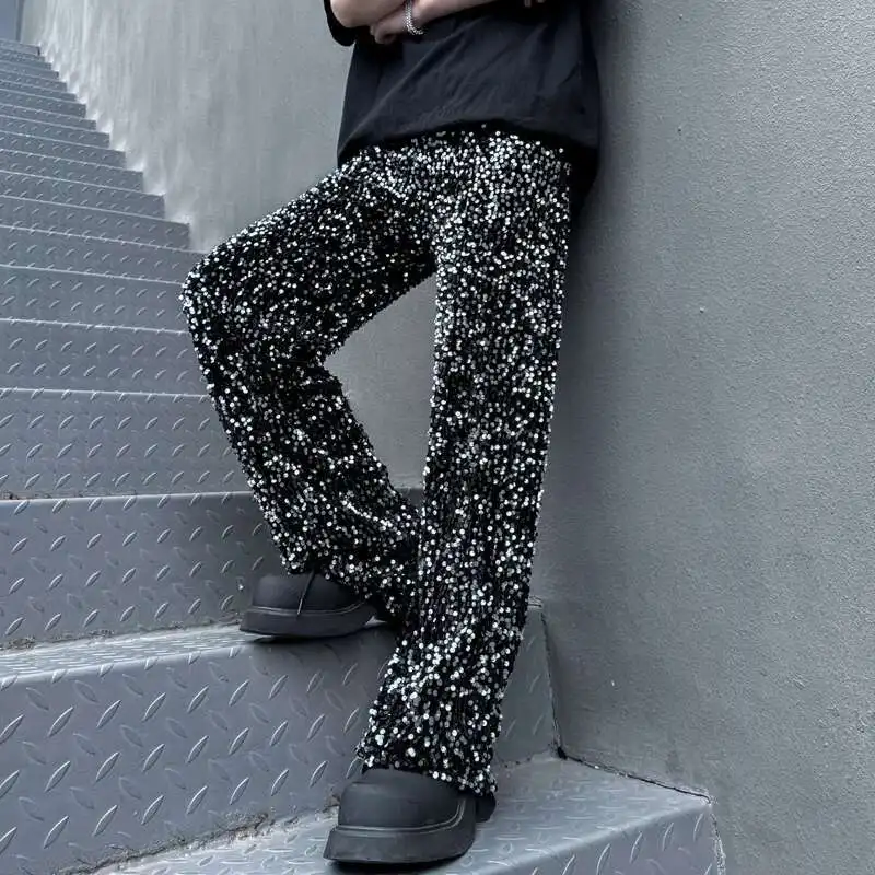 

Мужская одежда для выступлений на сцене, повседневные прямые широкие брюки с блестками, нишевый дизайн, свободный крой, весенний темперамент