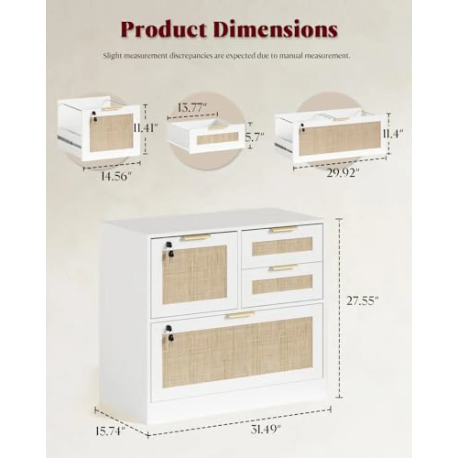 4 Drawer File Cabinet with Lock, Printer Stand Lateral | Home Office and School, Wood Rattan Filing Cabinet for Hanging