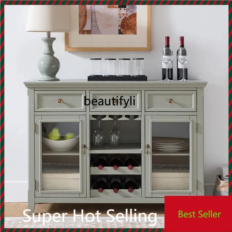 

M71 European retro wine cabinet three buckets two doors porch solid wood dining side cabinet with wine rack restaurant wine cabi