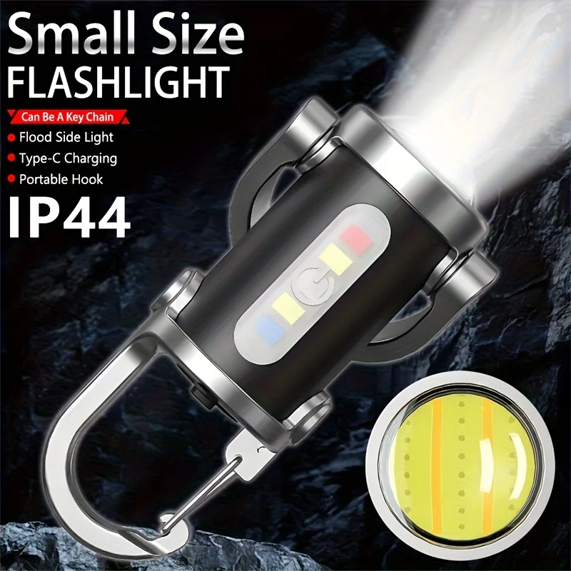Compact High Beam Handheld Keychain Flashlight with 6 Modes Mini Torch with Red/Blue Lights Type-C Charging COB Work Light