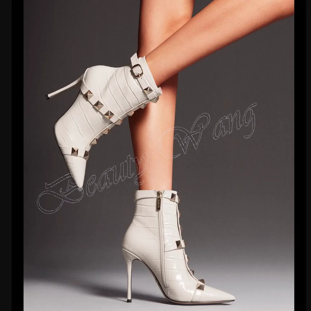 

White Rivet Decor Side Zipper Ankle Boots Stilettos High Heel Shoes for Women High Heels Fashion 2023 New Zapatos Para Mujere