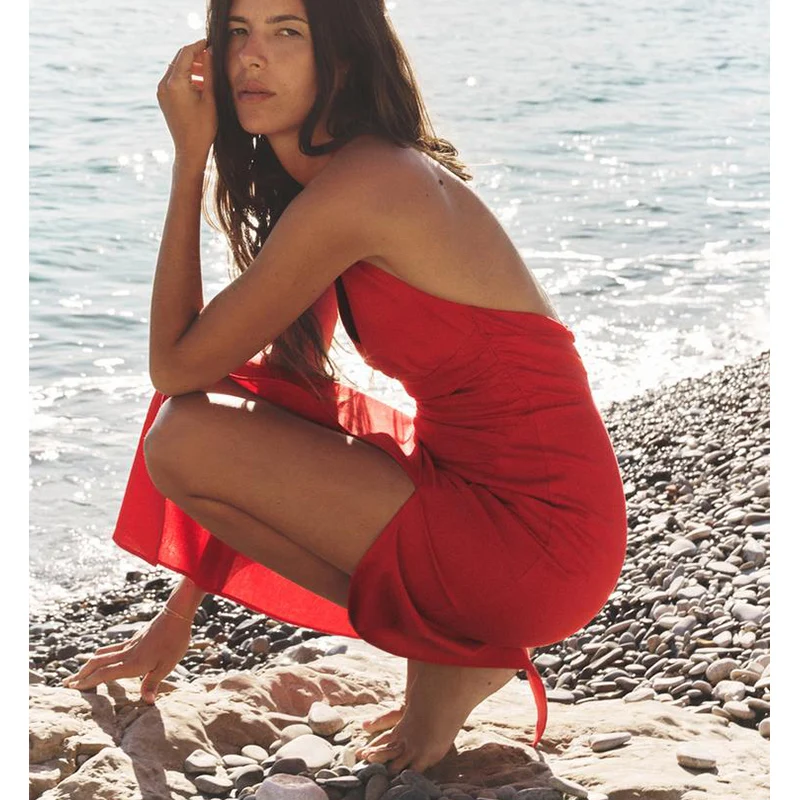 Vestido Midi Bodycon F de Verão em Fibra Mista com Gola ter, Saia Longa de Cintura Alta e Decote V Sem Mangas