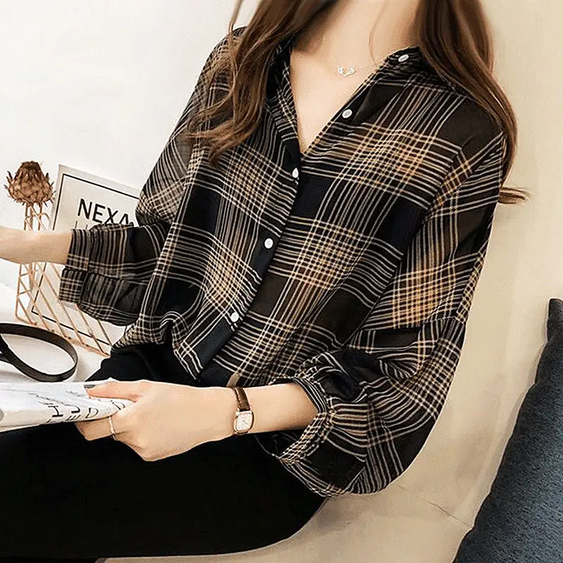 Fashion Plaid Printing Clothes Spring V-neck Loose Lantern Sleeve Long Tops Tops 2023 Women New Single Breasted Chiffon Shirt