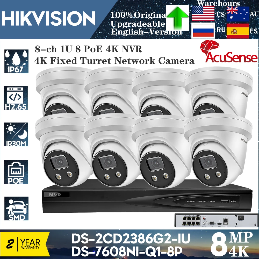 Original Hikvision 8PCS 8MP DS-2CD2386G2-IU AcuSense SD Card IP Camera DS-7608NI-Q1/8P Two-Way Audio 8 Channel 1U 8PoE NVR Kits