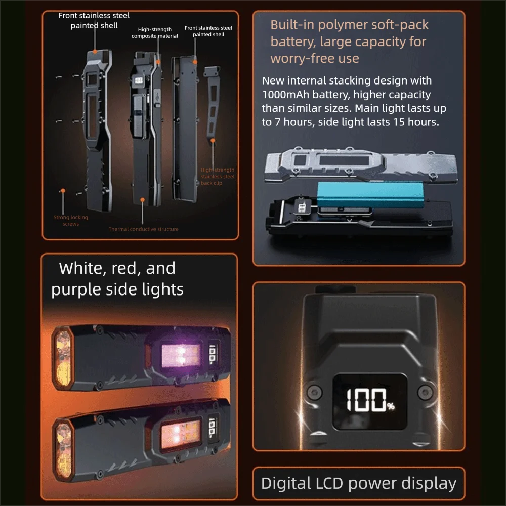 Digital Display LED Ultra-thin Flashlight Portable IPX4 Waterproof Mini Camping Light Rechargeable Double Switch