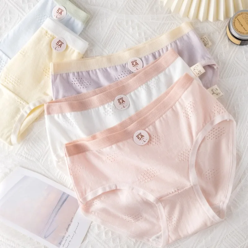 5PCS Young Girls Solid Daily Panties Maiden Mesh Breathable Briefs Kids Cotton Soft Antibacterial Underwear 8+y Children Clothes