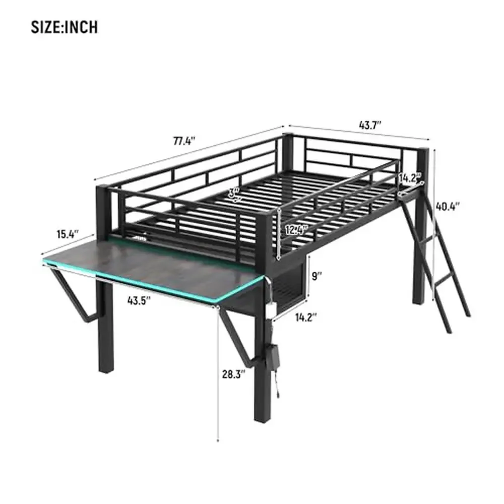 Twin Size Metal Loft Bed with Desk LED Lights Storage Staircase Black Modern Assembly