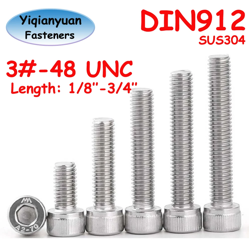

Yiqianyuan 3#-48 UNC Thread DIN912 SUS304 Stainless Steel Hex Socket Knurled Cap Head Bolts Allen Key Screw Full Threaded