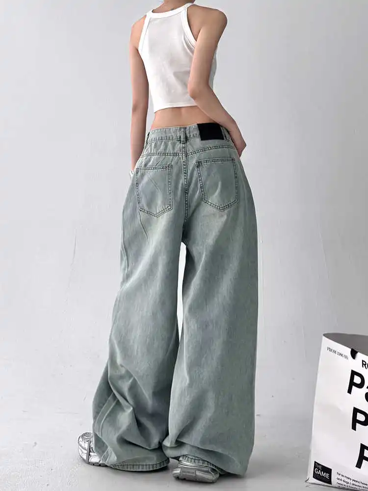 

Винтажные синие джинсы из двух частей с карманами в стиле пэчворк, женские ретро нерегулярные эстетические свободные брюки в стиле Харадзюку, широкие брюки