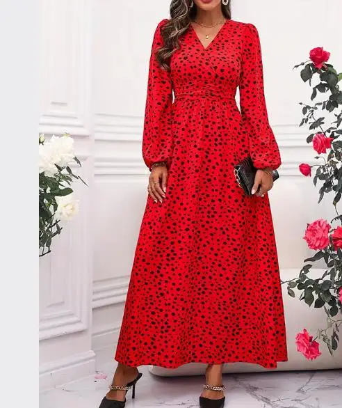 

Women's Bubble Sleeve V-Neck Waist Cinched Polka Dot Pleated Long Sleeved Dress A-Line Skirt Romantic Countryside Elegant Dress
