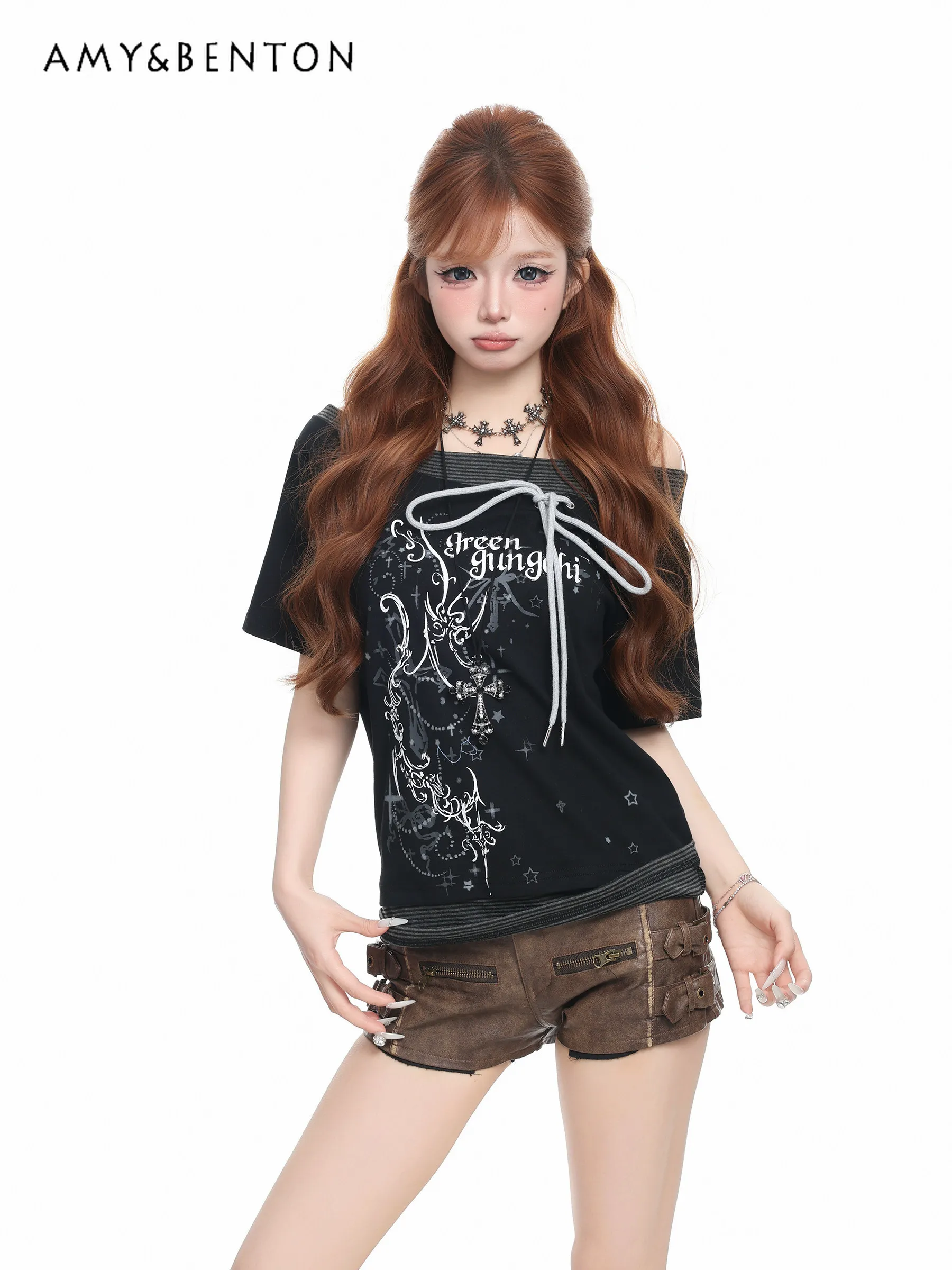 

Summer New American Street Style Women's Letter Print Striped Bow Loose White Black Off-shoulder Short Sleeve T-shirt