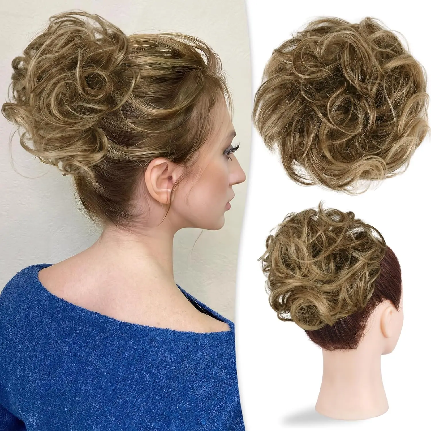 

Large Messy Bun Human Hair Wavy Curly Hair Buns Brown with Blonde Highlight Human Hair Soft Scrunchies for Women Daily Party