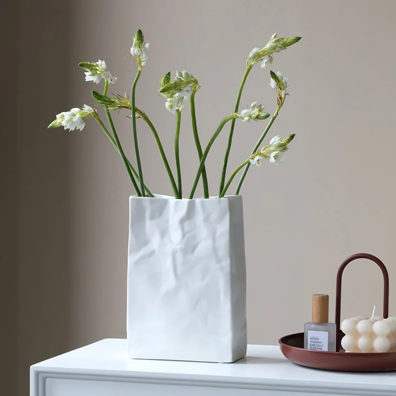 1 Stück Plissierte Papiertüten-Vase, Keramik-Dekorationsvase, Minimalistischer Skandinavischer Bohemian-Stil für Moderne Heimdekoration