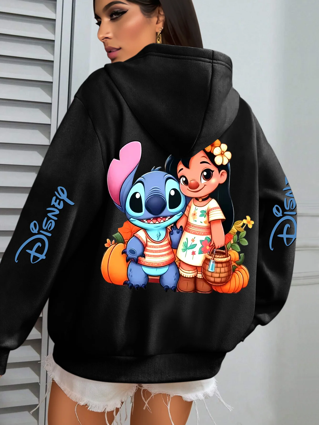 Women's Disney Lilo & Stitch Pattern Autumn and Winter Fleece Hooded Sweatshirt Unisex Streetwear Oversized Loose Casual
