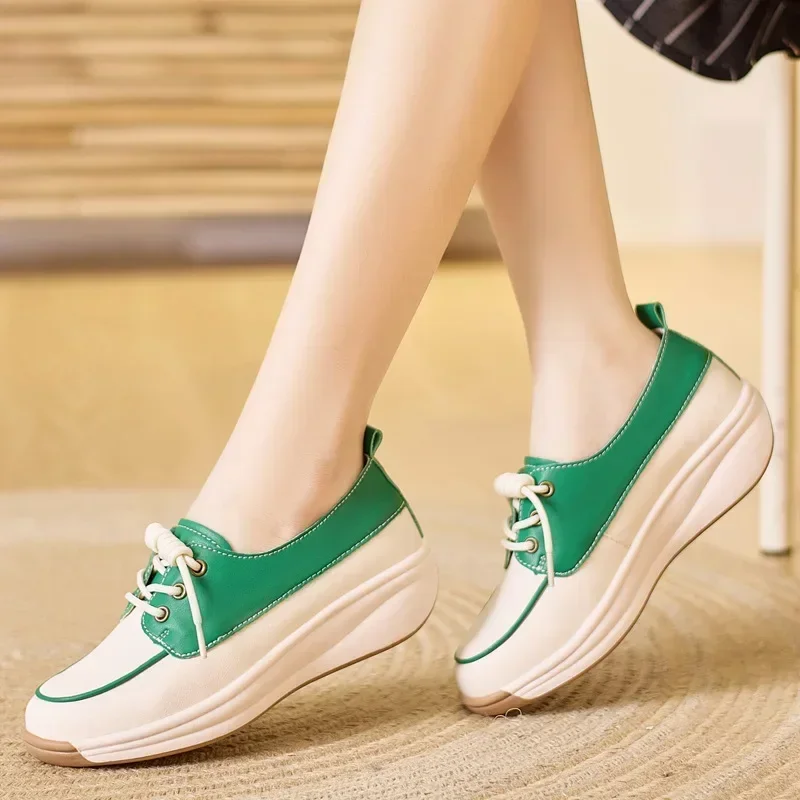 Women Fashion Platform Flats Sneakers  Autumn Breathable Lace Up Wedge Sport Shoes Comfort Soft Leather Travel Casual Shoes