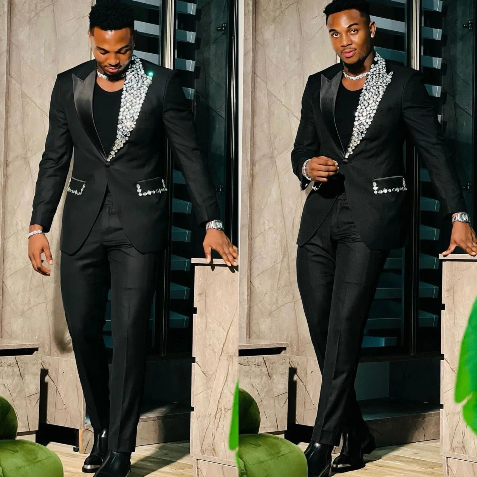 Men's 2 Piece Suit Sparkling Beaded Embroidery Regular Fit One Button Ideal for Parties