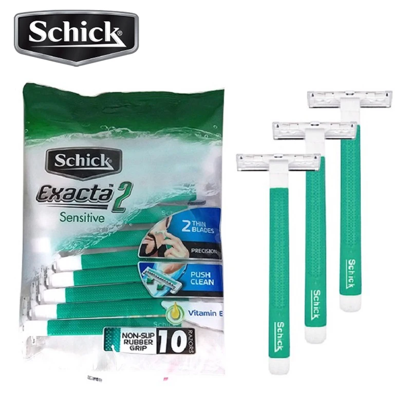 Lote de 10 Maquinillas de Afeitar Originales SCHICK Exacta 2 Sensitive, Desechables, Manuales, para Afeitar la Barba y el Vello Facial, con Vitamina E, Herramientas para Viajes y Hoteles
