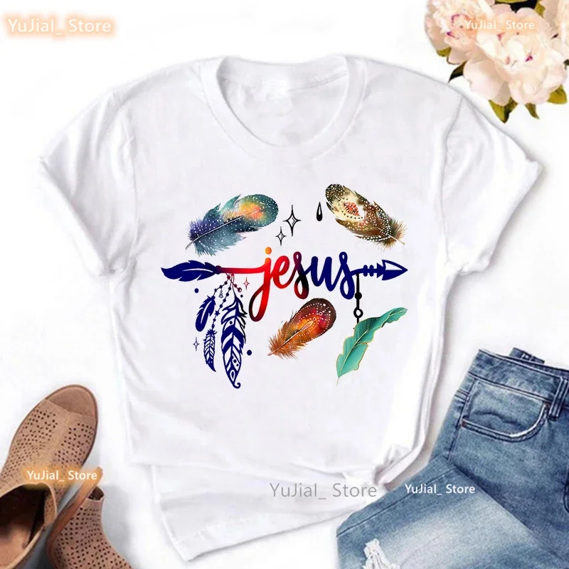 Watercolor Feather Print T Shirt Women All My Hope Is In Jesus Tshirt Femme Leopard Fashon T-Shirt Female Streetwear