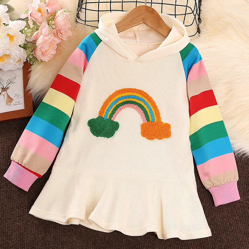 New Girls Dress Autumn Spring Long Sleeve Rainbow Striped Princess Dresses Daily Casual Cute Skirt For Kids Children Clothing