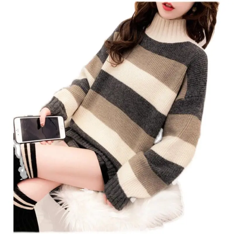 Female Clothing Half High Collar Jumpers Casual Loose Striped Spliced Korean All-match Straight Autumn Winter Knitted Sweaters