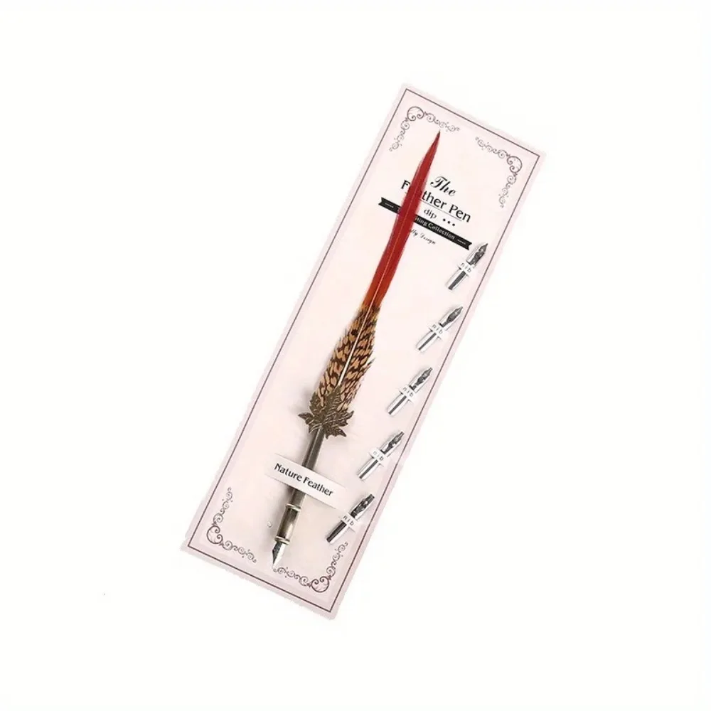 

European Vintage Peacock Feather Pen Dipped in Water Calligraphy Signature Ink Pen 5 Nibs Business Feather Dip Pen Writing Tools