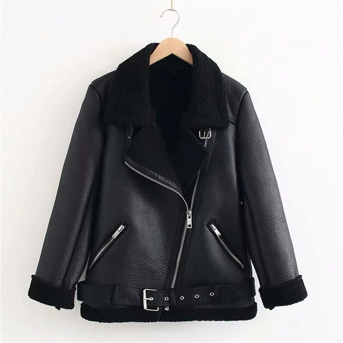 2024 New Woman\'s Fashion Thick Warm Faux Shearling Jacket Coat Vintage Casual Loose Long Sleeve Belt Hem Female Chic Outerwear