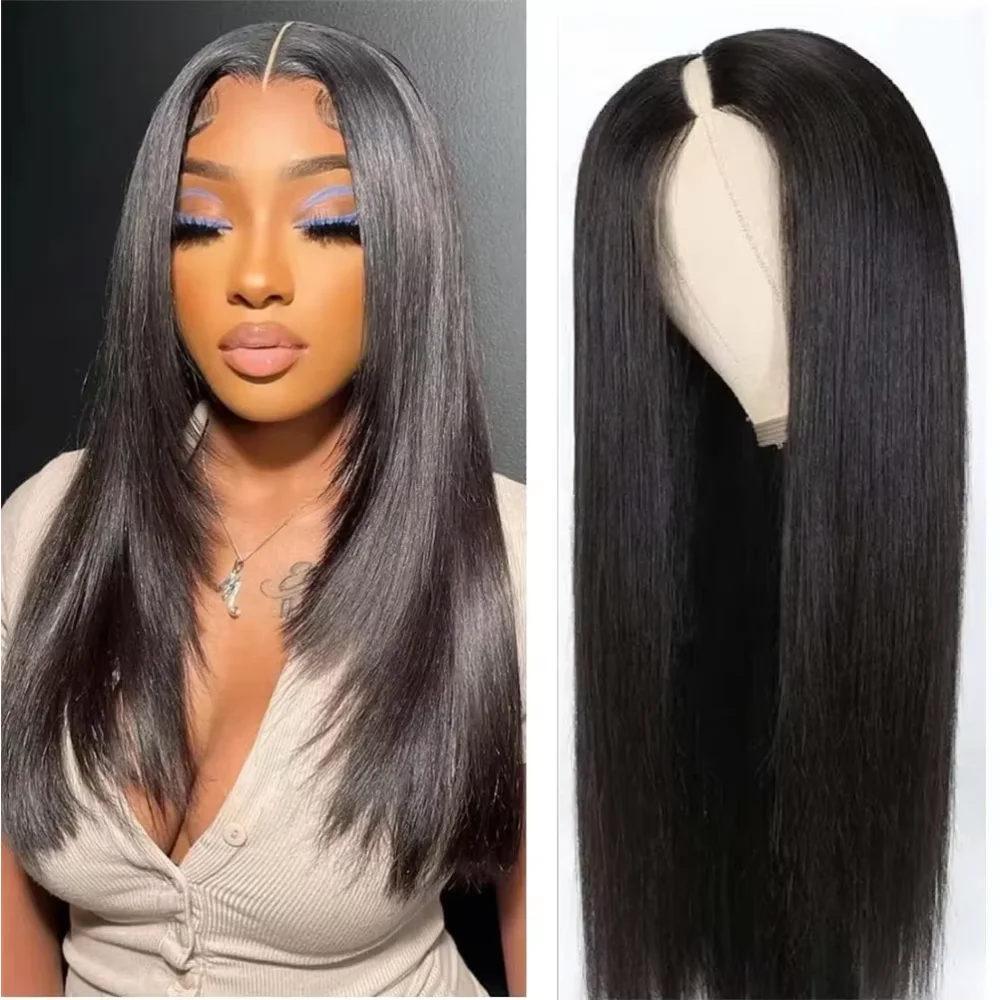 

30 32 Inch Straight V Part Wig 200 Density Brazilian Human Hair Natural Color Full Machine Made Wig U Shape Wig Black Women