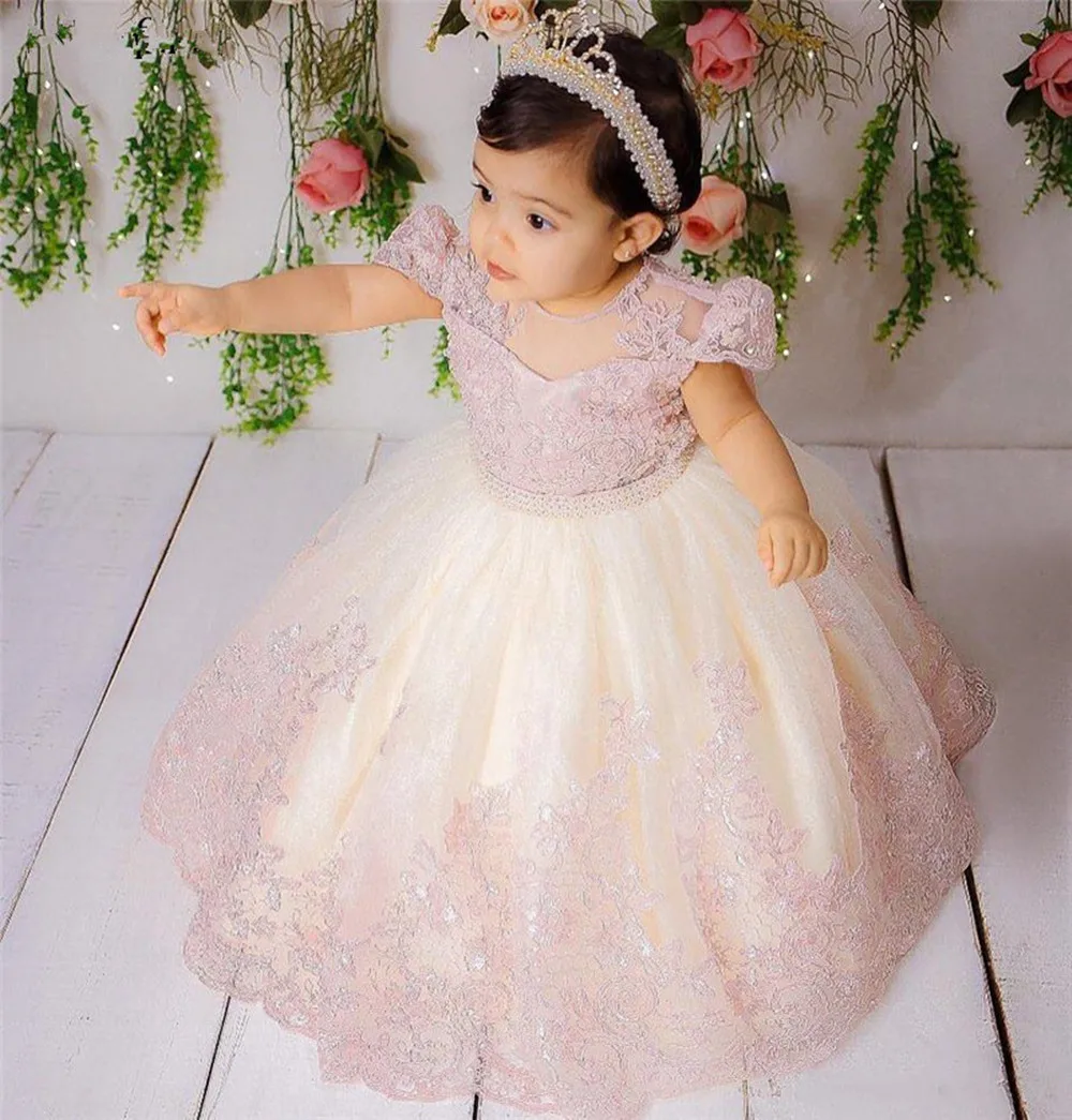 Customized Cute Pink Lace Flower Girl Dress Baby Toddler Tulle Birthday Gown Kids Clothes For Wedding Birthday Party Short Sleev