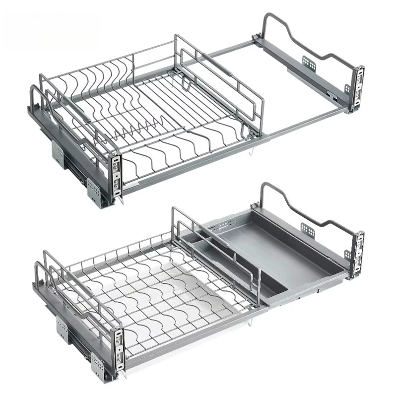 Stainless Steel Pull-Out Metal Drawer Organizer With Adjustable Dish Basket