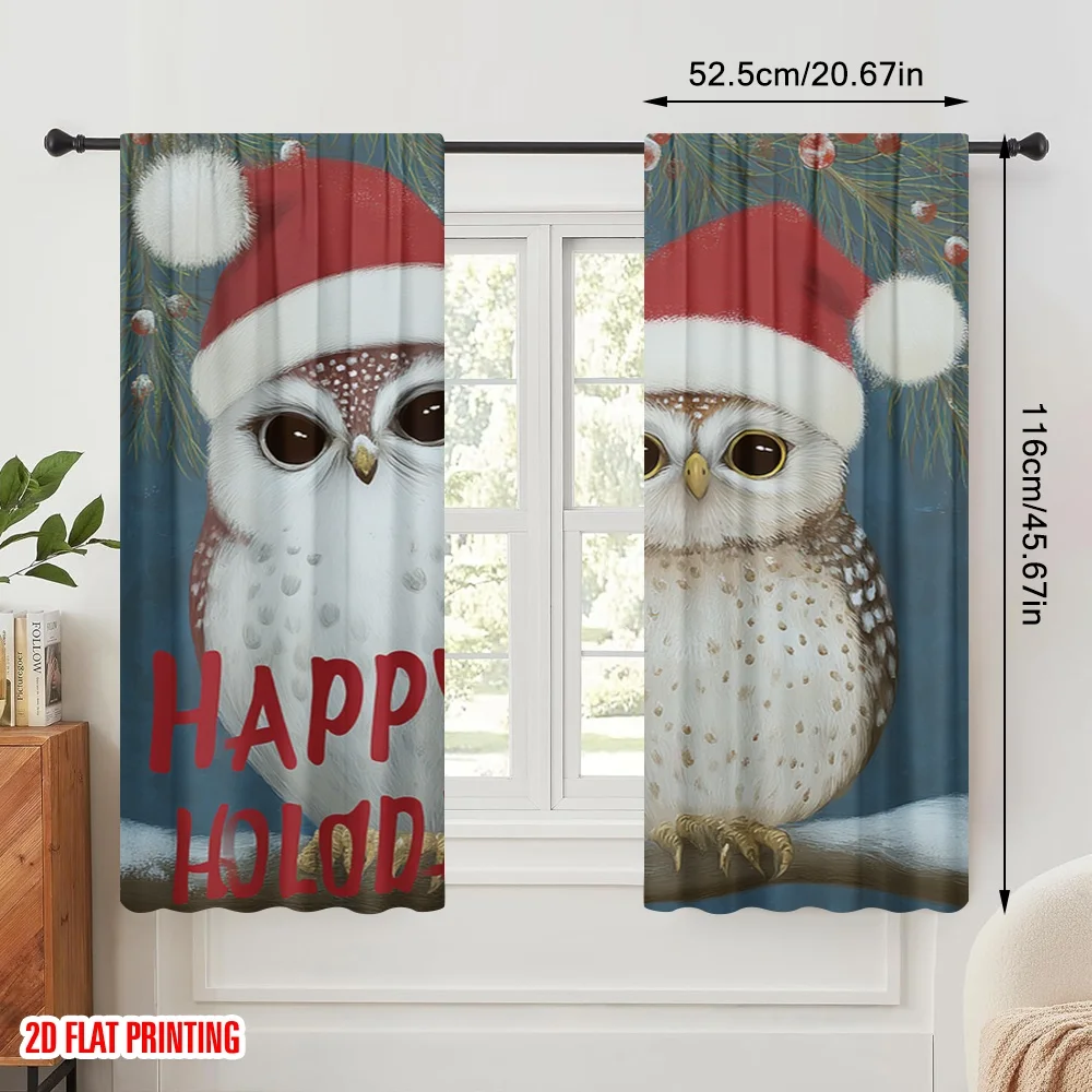 2pcs,2D plane printing Light Filtering Curtains Santa Hat Owls_ Snowflakes Versatile 100% Polyester (without rod) Home Decor for