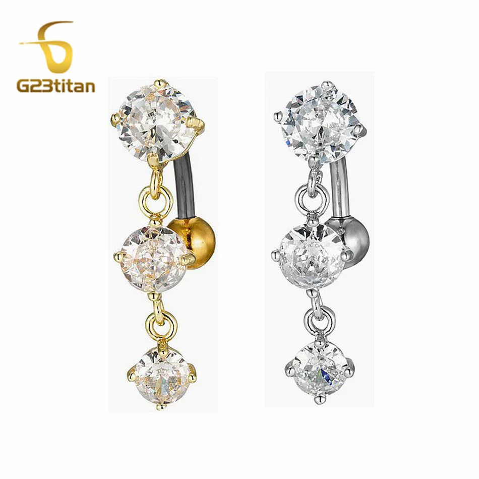 Bright CZ Zircon Round Pendant Belly Button Rings Gold Silver Color 14G Titanium Reverse Barbell Piercing Body Jewelry Navel Bar