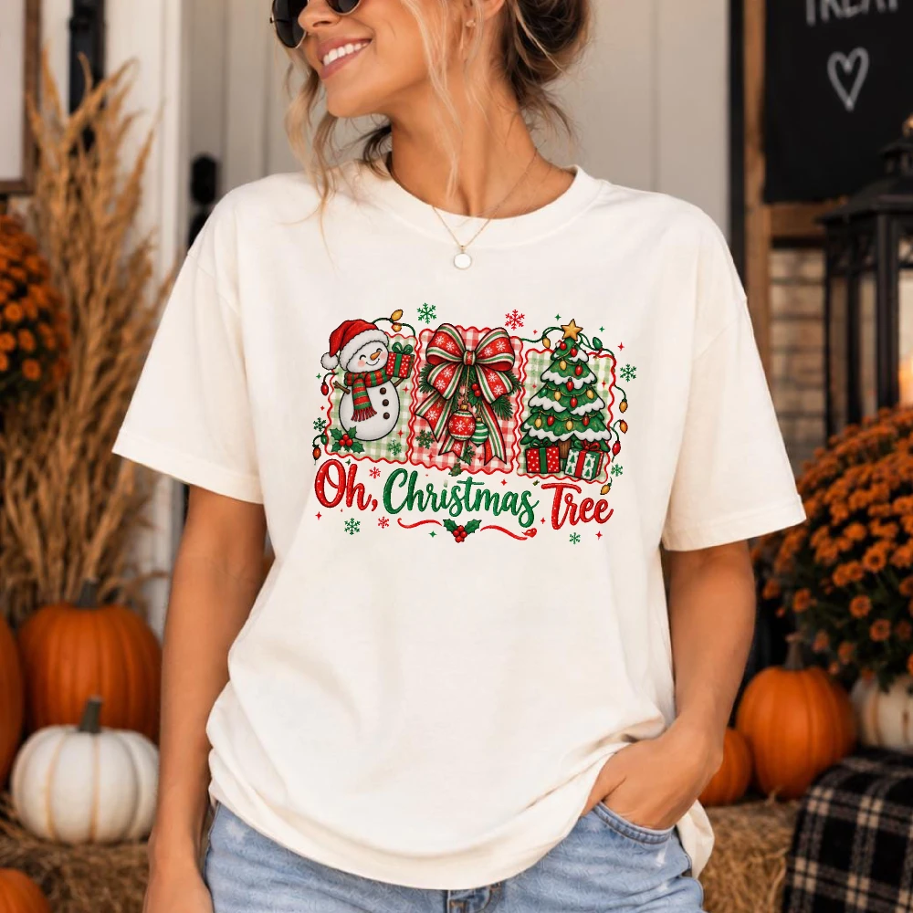 Oh Christmas Tree Cotton T-Shirt Coquette Christmas Tree Cake Graphic T Shirts Fashion Preppy Christmas Tree Bow Printing Tshirt
