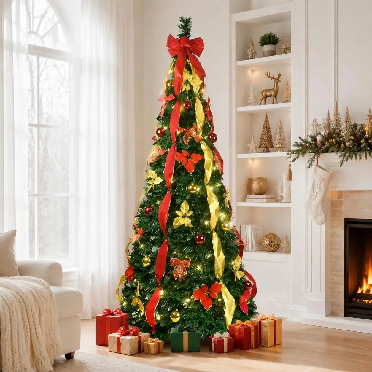 6ft Pop Up Artificial Christmas Tree with 150 Warm White Lights, Pre-lit Collapsible Christmas Tree, Decorated Popup Xmas Trees