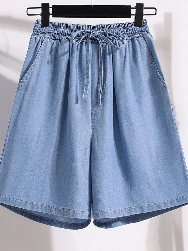  Denim Short Pants Women Summer New Style Thin Ice Silk Casual Five-Quarter Loose Wide Leg High Waist A-Line Hot Pants ...