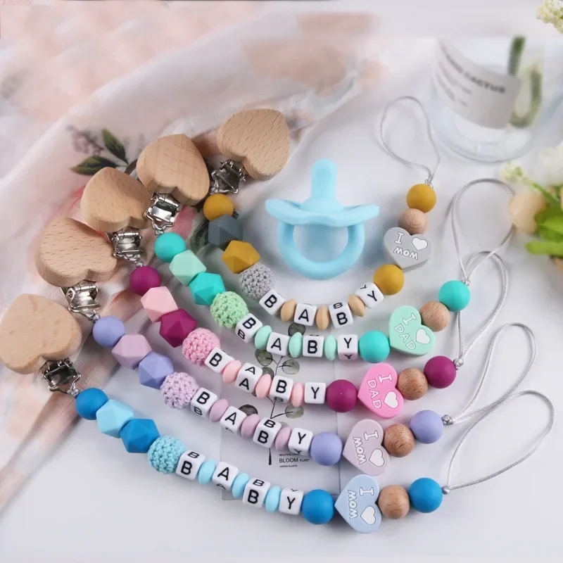 Personalized Name Baby Pacifier Clips Chains Heart Beech Silicone Beads Teethers Dummy Nipple Holder Clip Newborn Teething Toys