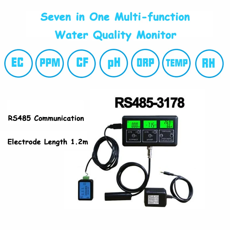 7 In 1 Multifunction Water Quality Monitor EC/TDS/CF/PH/ORP/Humidity/TEMP Meter With RS485 Communication 24H Online Monitoring