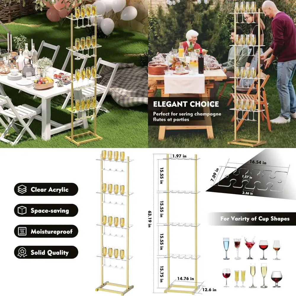 

4-Tier Acrylic Champagne Wall Holder, 32-Glass Capacity, Golden, Ideal for Weddings and Parties