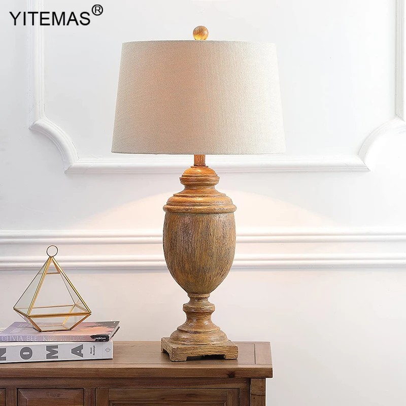 Vintage Wooden Table Lamp With Fabric Shade Retro Solid Wood Table Lamps In Reception Desk Shopping Mall Bedroom Bedside