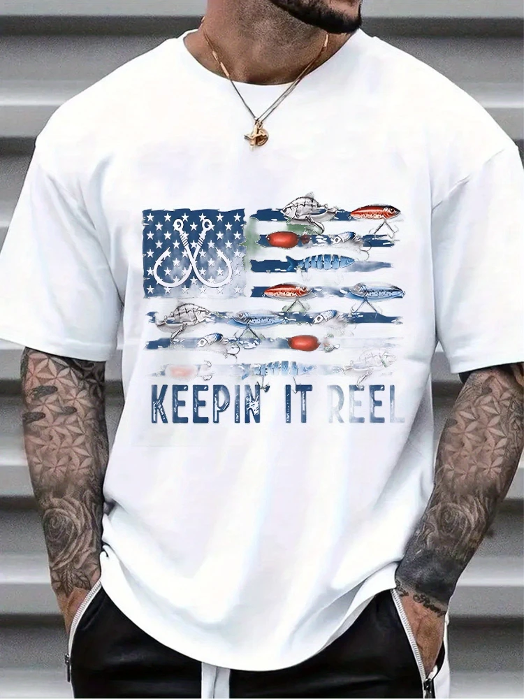 

Fishing Graphic with American Flag & "Keepin' It Reel" Design-100% cotton summer casual round neck printed men's T-shirt.
