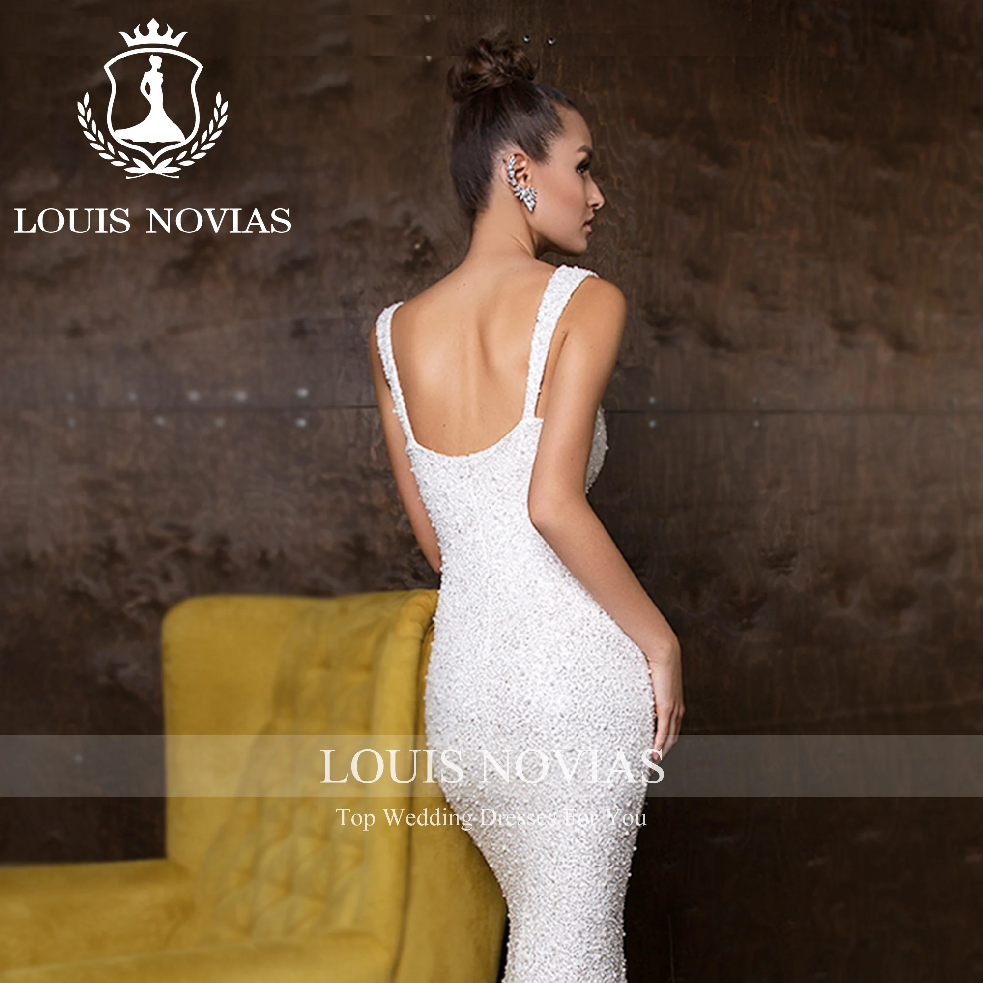 ルイノビアのウェディングドレスマーメイドスタイルスパゲッティストラップミットケープクリスタルグリッターウェディングドレス Vestidos デノビア