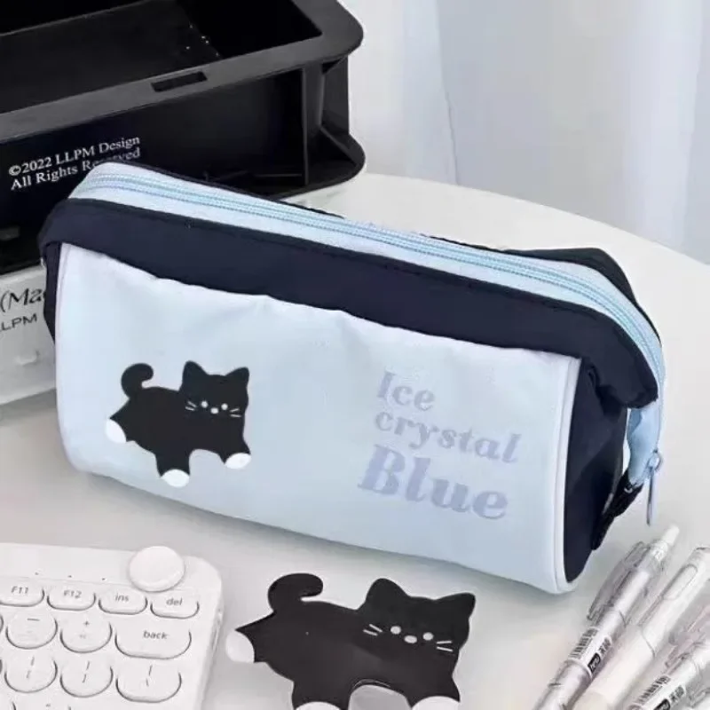 Light Blue Large Capacity Pencil Case Japanese Style Simple Stationery Black Cat Printing Student Bag Back To School