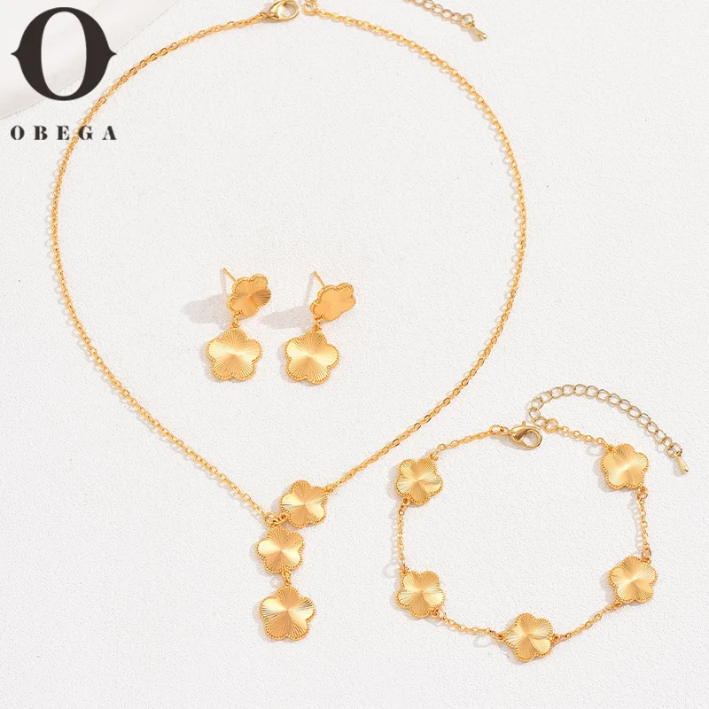 Obega Simple Flower Shaped Pendant Jewelry Set Luxury Gold Color Necklace Earrings Bracelet Fine Wedding Bridal Gifts