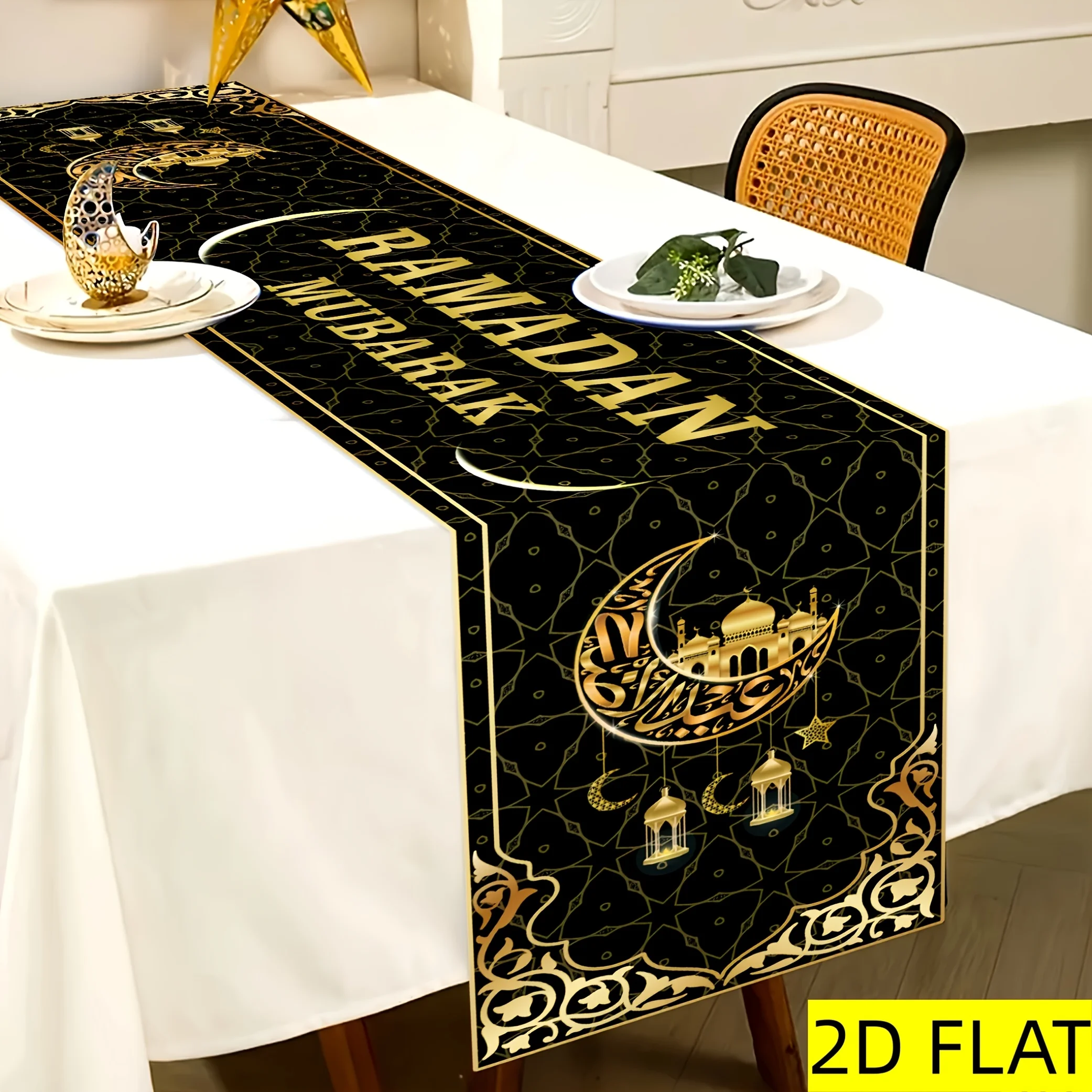 Ramadan Tischläufer mit Fröhlichem Halbmond und Laterne, Tischdecke für Bankett, Party, Küche und Esszimmer Dekoration