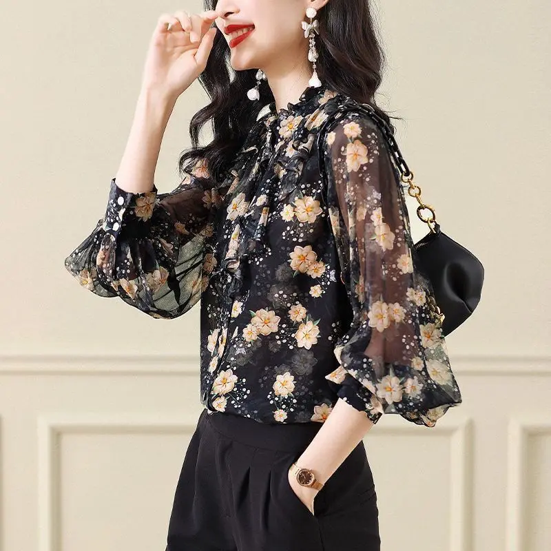 Women Vintage Floral Print Ruffles Elegant Shirts Spring Autumn Fashion Chic Blouses Long Sleeve Loose Tops Chiffon Blusa Mujer