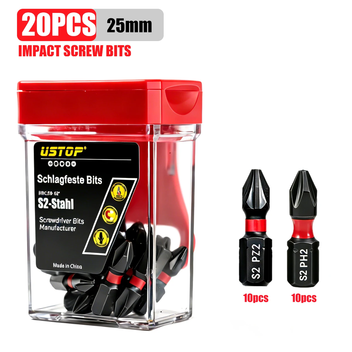20-Piece S2 Steel Mixed Bit Set 25mm Phillips Ph2 + Torx Pz2 Magnetic Anti-Twist with Transparent Hanging Storage Box