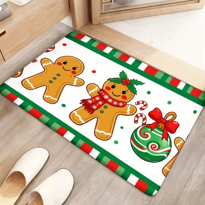 Christmas Gingerbread Man Decorative Doormat Holly Candy Cane Bell Pattern Floor Rug Indoor Entrance Home Holiday Decor Carpet