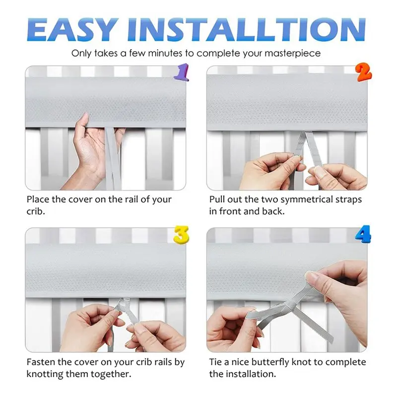 【CYBER MONDAY】2X 3 In 1 Crib Rail Covers For Teething,Soft Breathable Anti-Collision Crib Teething Rail Cover Edge Protector Str